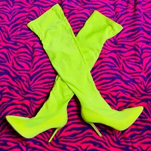 Neon yellow stretchy thigh high boots